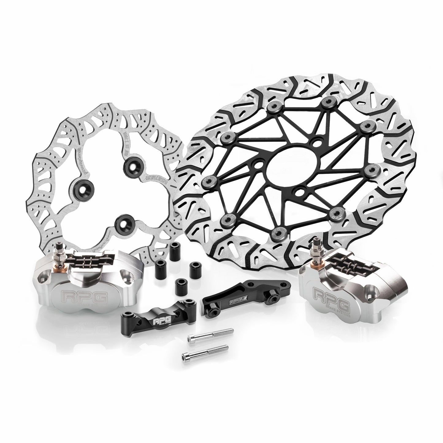 Bremsesæt for + bag: 280 mm oversize bremseskive for inkl. bremsekaliber og adapter + 200 mm bremseskive bag inkl. bremsekaliber og adapter